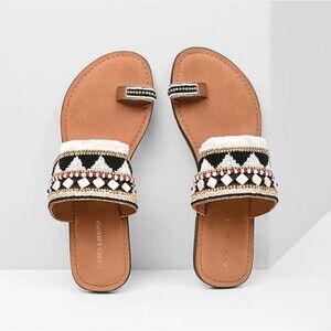 A&B Aztec Beaded Fringe Sandals Toe Loop Women's 7.5 Leather Sandal EU 38 Boho